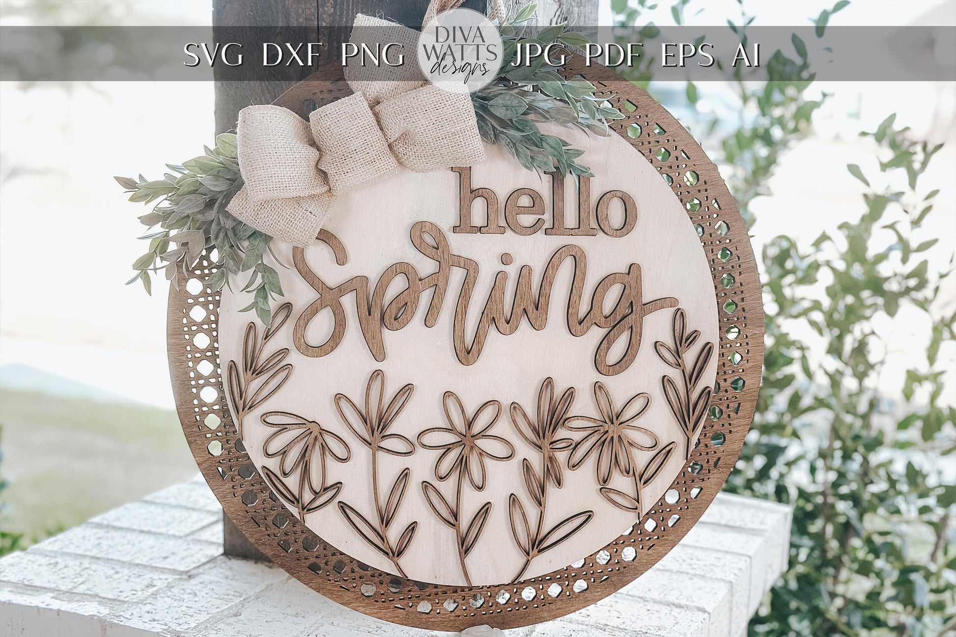 Hello Spring Laser Cut File SVG | Floral Door Hanger Design | Layered Laser SVG for Glowforge and Xtool | Round Spring Door Sign