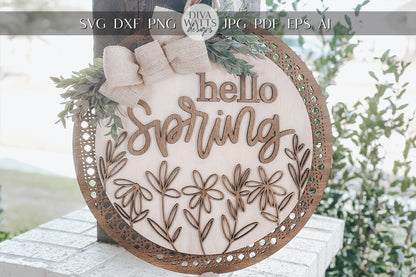 Hello Spring Laser Cut File SVG | Floral Door Hanger Design | Layered Laser SVG for Glowforge and Xtool | Round Spring Door Sign