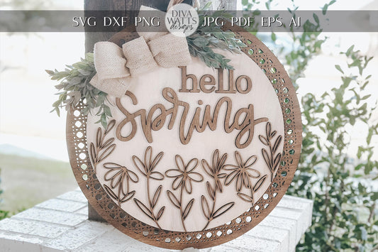 Hello Spring Laser Cut File SVG | Floral Door Hanger Design | Layered Laser SVG for Glowforge and Xtool | Round Spring Door Sign