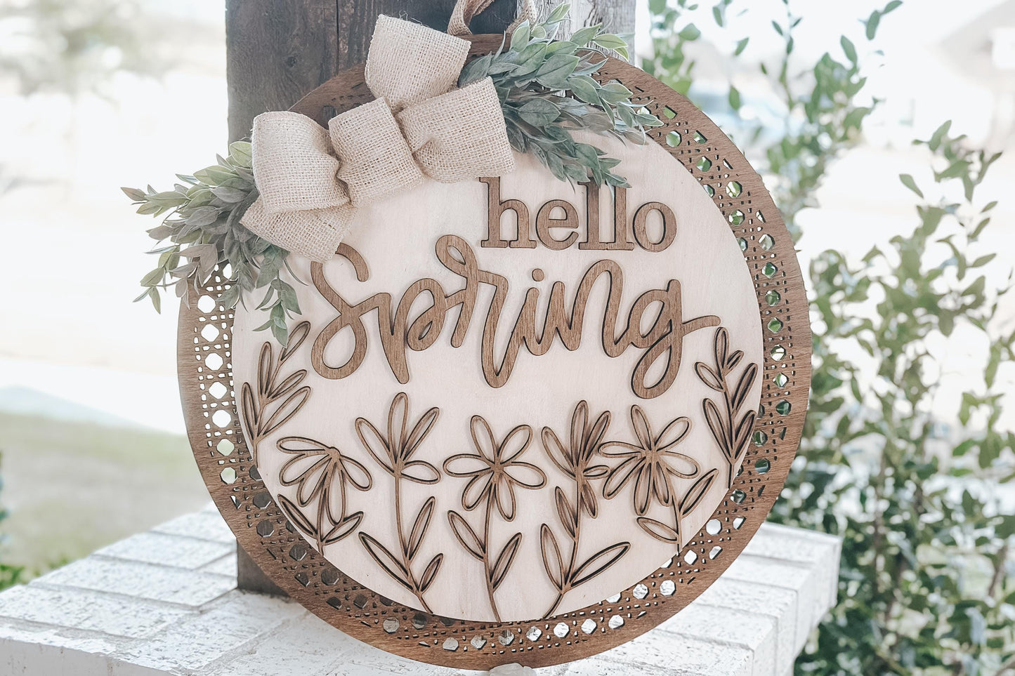 Hello Spring Laser Cut File SVG | Floral Door Hanger Design | Layered Laser SVG for Glowforge and Xtool | Round Spring Door Sign