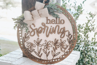Hello Spring Laser Cut File SVG | Floral Door Hanger Design | Layered Laser SVG for Glowforge and Xtool | Round Spring Door Sign
