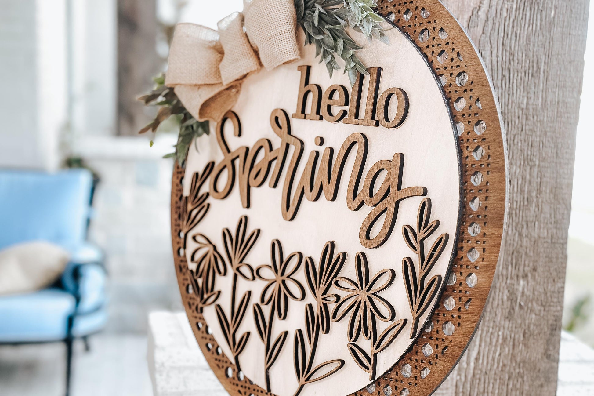 Hello Spring Laser Cut File SVG | Floral Door Hanger Design | Layered Laser SVG for Glowforge and Xtool | Round Spring Door Sign