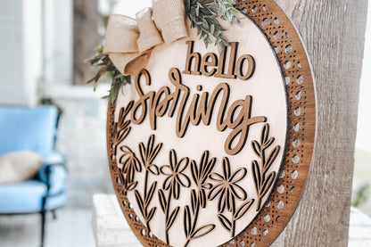 Hello Spring Laser Cut File SVG | Floral Door Hanger Design | Layered Laser SVG for Glowforge and Xtool | Round Spring Door Sign