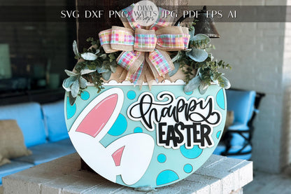 Happy Easter Bunny Door Hanger SVG, Layered Easter Sign Laser Cut File, Spring Front Door Decor, Glowforge Xtool Easter Door Hanger SVG
