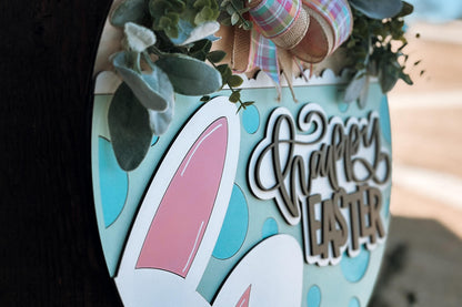 Happy Easter Bunny Door Hanger SVG, Layered Easter Sign Laser Cut File, Spring Front Door Decor, Glowforge Xtool Easter Door Hanger SVG