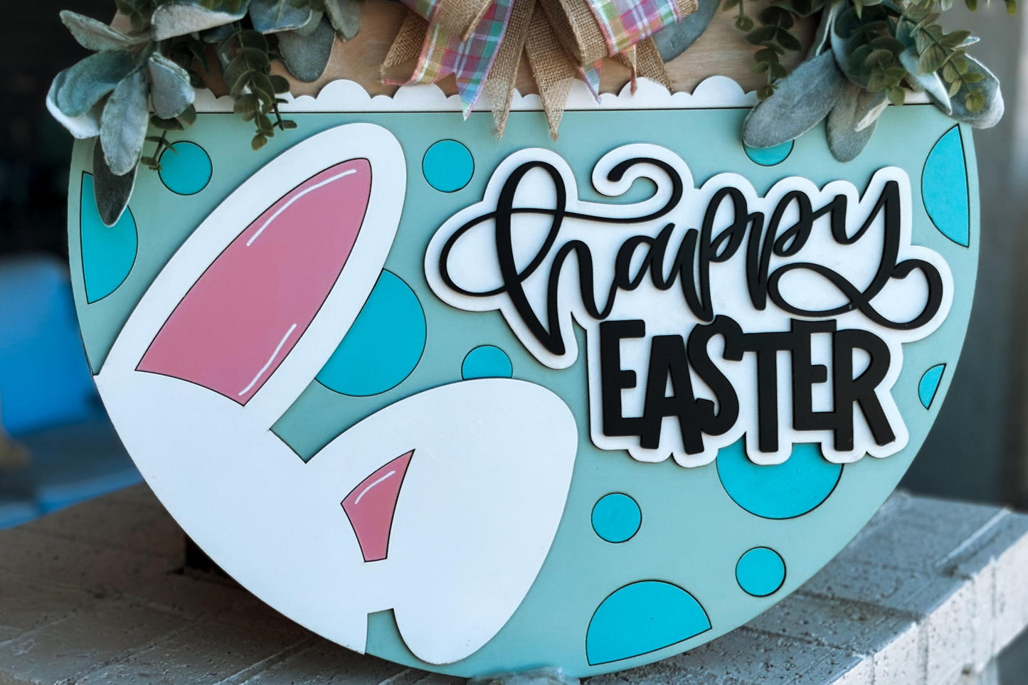 Happy Easter Bunny Door Hanger SVG, Layered Easter Sign Laser Cut File, Spring Front Door Decor, Glowforge Xtool Easter Door Hanger SVG