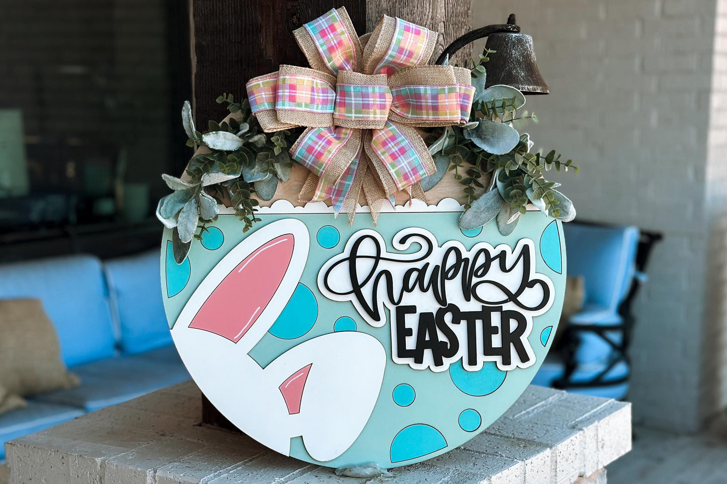 Happy Easter Bunny Door Hanger SVG, Layered Easter Sign Laser Cut File, Spring Front Door Decor, Glowforge Xtool Easter Door Hanger SVG