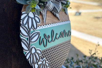 Welcome Door Hanger SVG, Floral Laser Cut File, Layered Round Sign for Glowforge Xtool, DIY Front Door Decor, Farmhouse Wood Sign
