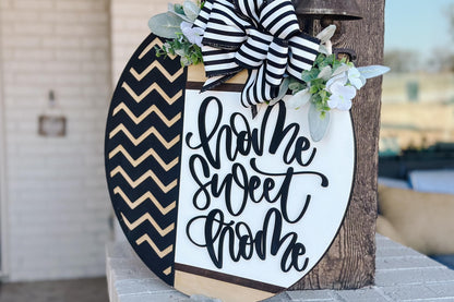 Home Sweet Home Door Hanger SVG, Layered Round Sign Laser Cut File, Farmhouse Welcome Sign for Glowforge Xtool, DIY Wood Decor Geometric SVG