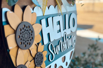 Hello Sunshine Door Hanger SVG, Sunflower Round Sign Laser Cut File, Farmhouse Porch Decor, Glowforge and Xtool SVG | Sunflower Decor