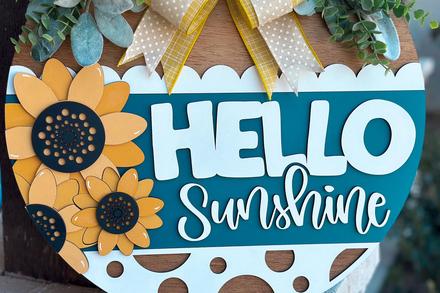 Hello Sunshine Door Hanger SVG, Sunflower Round Sign Laser Cut File, Farmhouse Porch Decor, Glowforge and Xtool SVG | Sunflower Decor