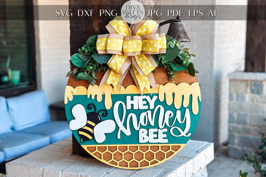 Hey Honey Bee Door Hanger SVG, Honeycomb Round Sign Laser Cut File, Farmhouse Bee Decor, Glowforge and Xtool SVG