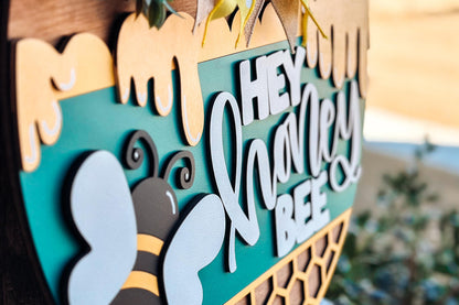 Hey Honey Bee Door Hanger SVG, Honeycomb Round Sign Laser Cut File, Farmhouse Bee Decor, Glowforge and Xtool SVG