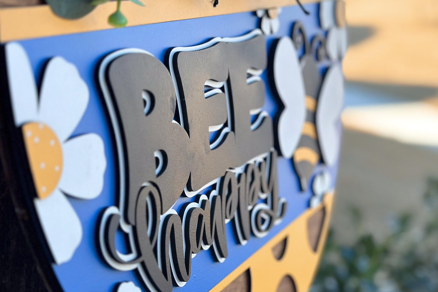 Bee Happy Door Hanger SVG, Polka Dot Round Sign Laser Cut File, Farmhouse Bee Decor, Glowforge and Xtool SVG Cute Bee Decor For Porch