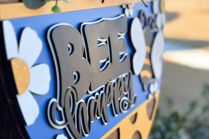 Bee Happy Door Hanger SVG, Polka Dot Round Sign Laser Cut File, Farmhouse Bee Decor, Glowforge and Xtool SVG Cute Bee Decor For Porch