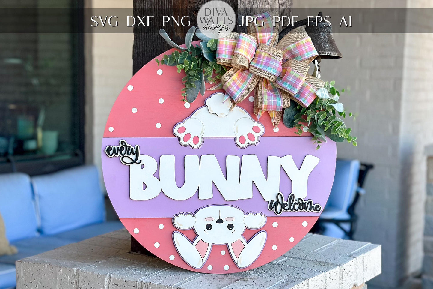 Every Bunny Welcome SVG, Easter Door Hanger Laser Cut File, Bunny Butt Sign, Glowforge Bunny Round, Easter Decor SVG Glowforge Easter SVG