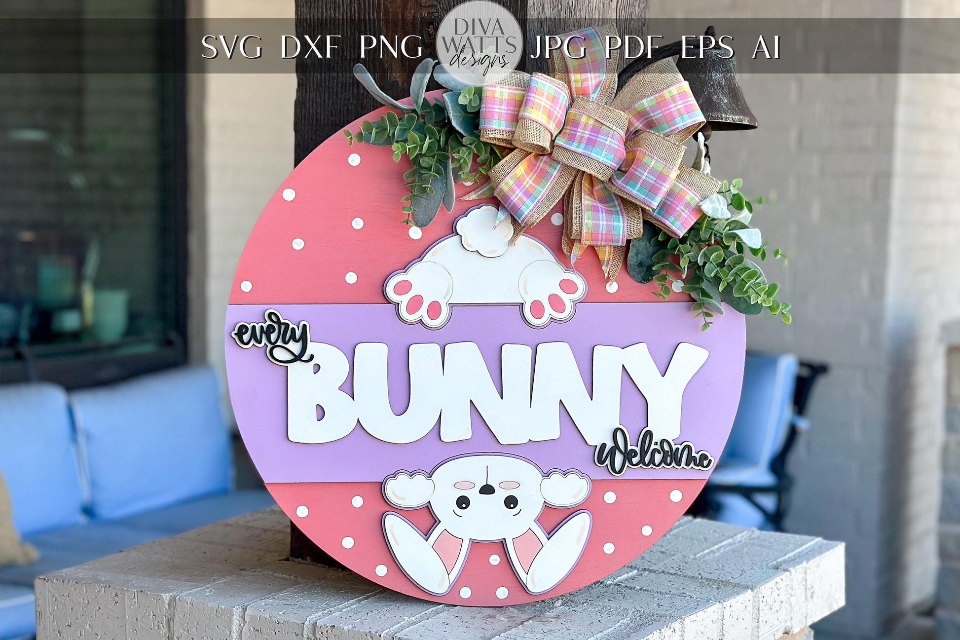 Every Bunny Welcome SVG, Easter Door Hanger Laser Cut File, Bunny Butt Sign, Glowforge Bunny Round, Easter Decor SVG Glowforge Easter SVG