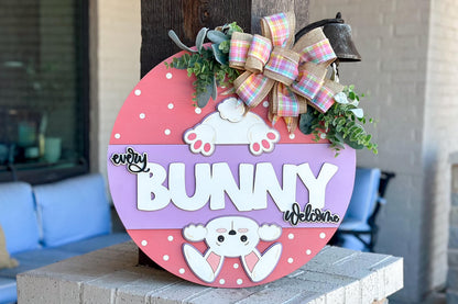 Every Bunny Welcome SVG, Easter Door Hanger Laser Cut File, Bunny Butt Sign, Glowforge Bunny Round, Easter Decor SVG Glowforge Easter SVG