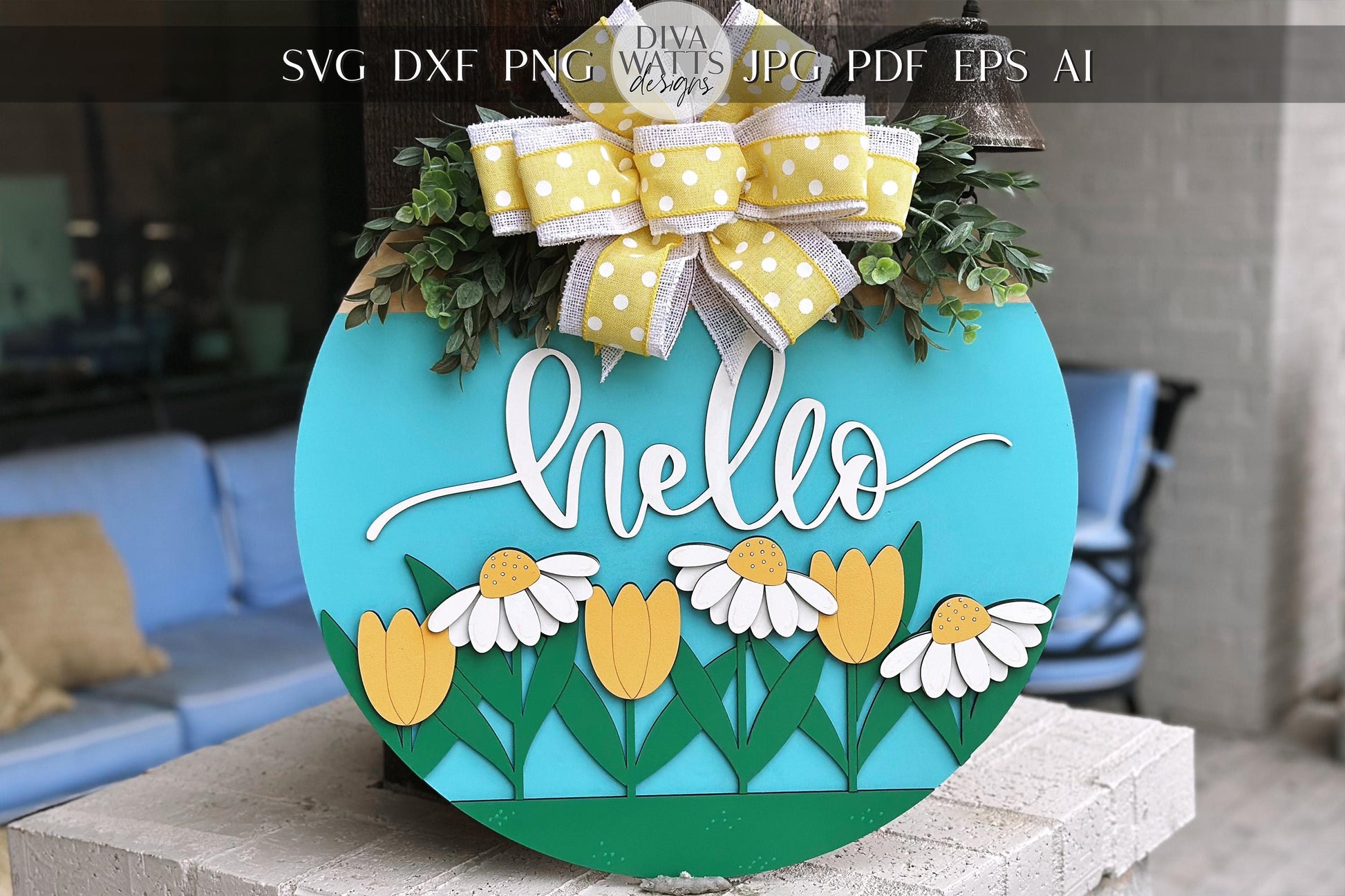 Hello Floral Door Hanger SVG Laser Cut File, Daisy and Tulip Round Sign, Spring Welcome Sign Design, Glowforge Laser File, Farmhouse Decor
