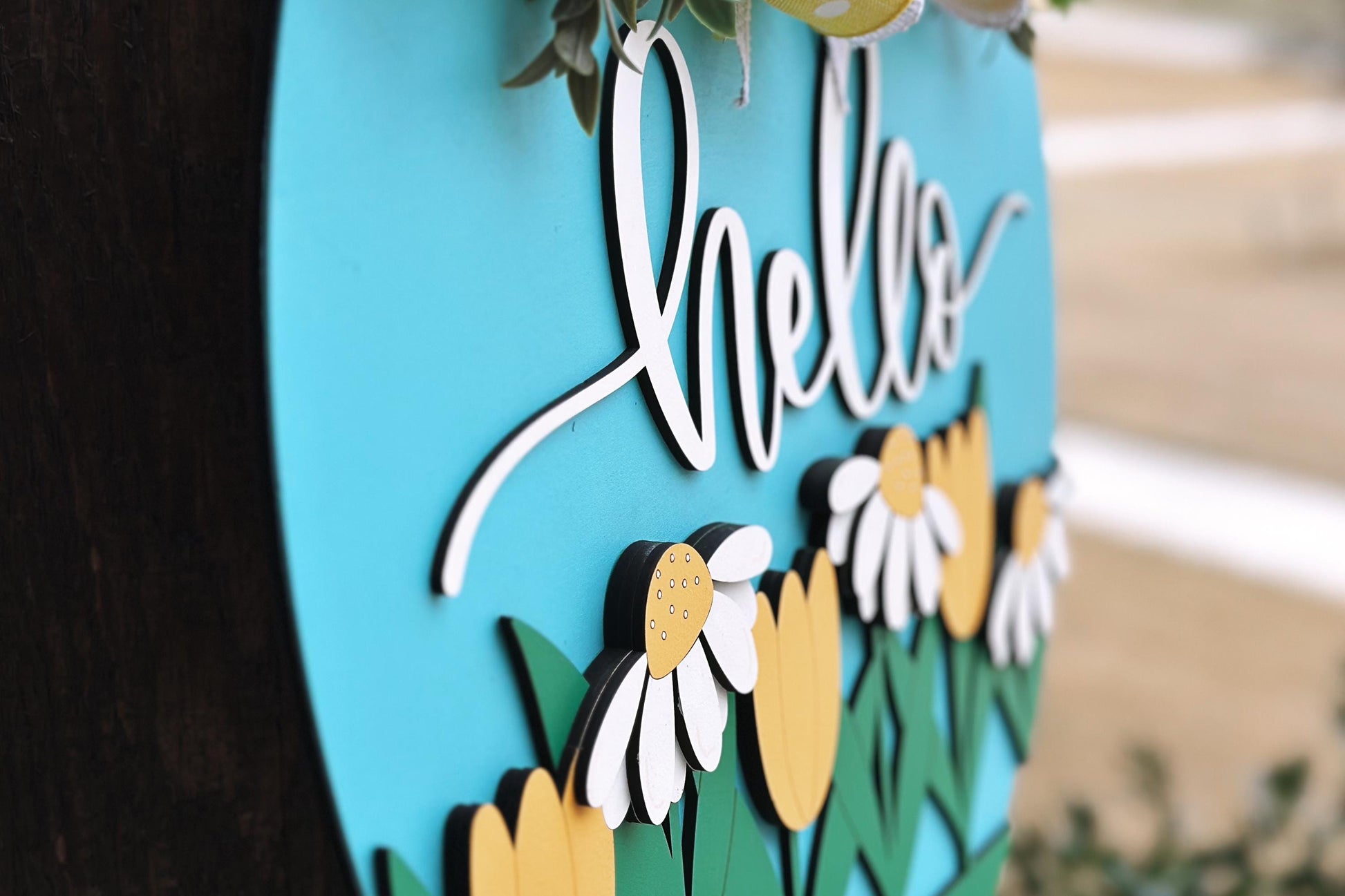 Hello Floral Door Hanger SVG Laser Cut File, Daisy and Tulip Round Sign, Spring Welcome Sign Design, Glowforge Laser File, Farmhouse Decor