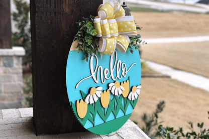 Hello Floral Door Hanger SVG Laser Cut File, Daisy and Tulip Round Sign, Spring Welcome Sign Design, Glowforge Laser File, Farmhouse Decor