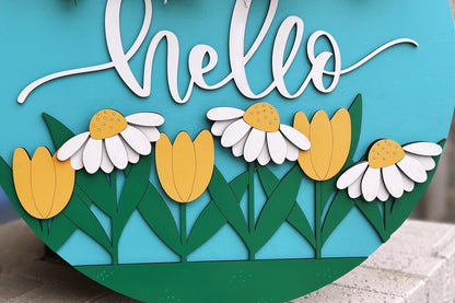 Hello Floral Door Hanger SVG Laser Cut File, Daisy and Tulip Round Sign, Spring Welcome Sign Design, Glowforge Laser File, Farmhouse Decor
