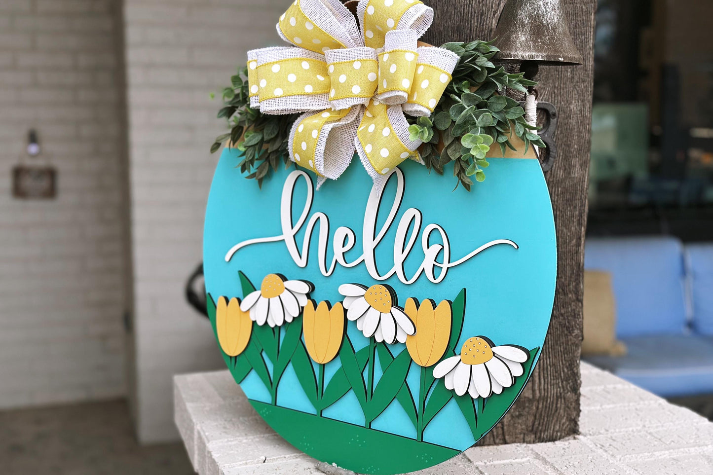 Hello Floral Door Hanger SVG Laser Cut File, Daisy and Tulip Round Sign, Spring Welcome Sign Design, Glowforge Laser File, Farmhouse Decor