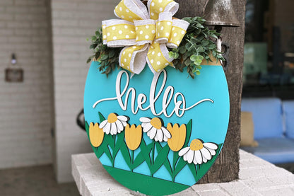 Hello Floral Door Hanger SVG Laser Cut File, Daisy and Tulip Round Sign, Spring Welcome Sign Design, Glowforge Laser File, Farmhouse Decor