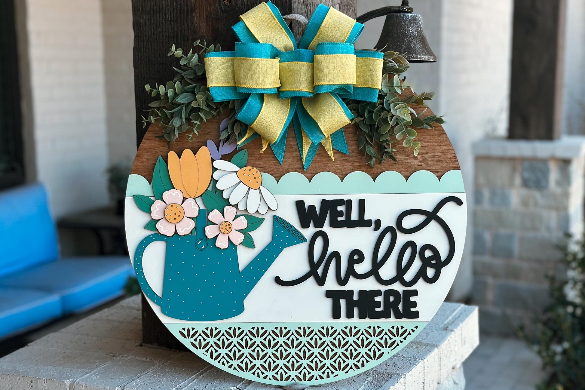 Well Hello There Watering Can Door Hanger SVG, Floral Round Sign Laser Cut File, Spring Welcome Sign for Glowforge, Farmhouse Decor