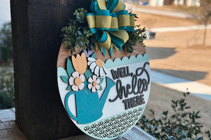 Well Hello There Watering Can Door Hanger SVG, Floral Round Sign Laser Cut File, Spring Welcome Sign for Glowforge, Farmhouse Decor