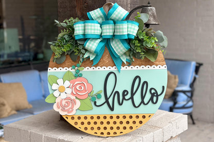 Floral Hello Door Hanger SVG Laser Cut File, Round Welcome Sign, Spring Floral Design, Glowforge and Xtool Compatible, DIY Laser File
