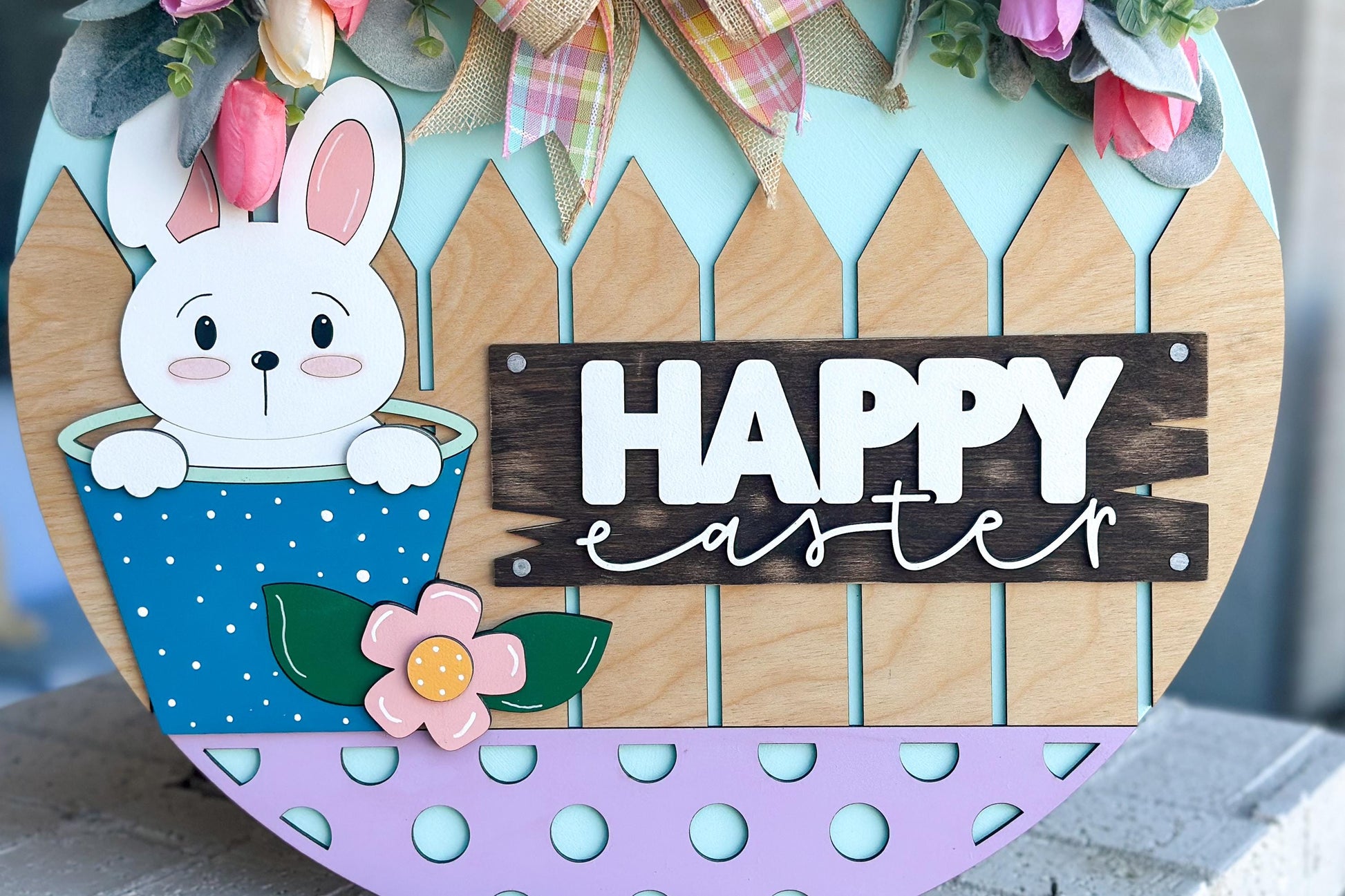 Easter Bunny Door Hanger SVG, Happy Easter Laser Cut File, Layered Round Sign, Farmhouse Spring Decor, Glowforge Xtool SVG