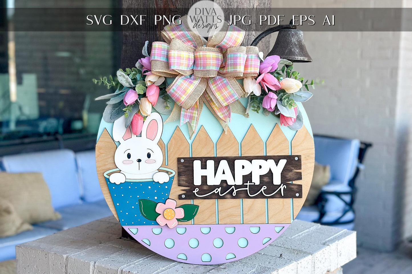 Easter Bunny Door Hanger SVG, Happy Easter Laser Cut File, Layered Round Sign, Farmhouse Spring Decor, Glowforge Xtool SVG