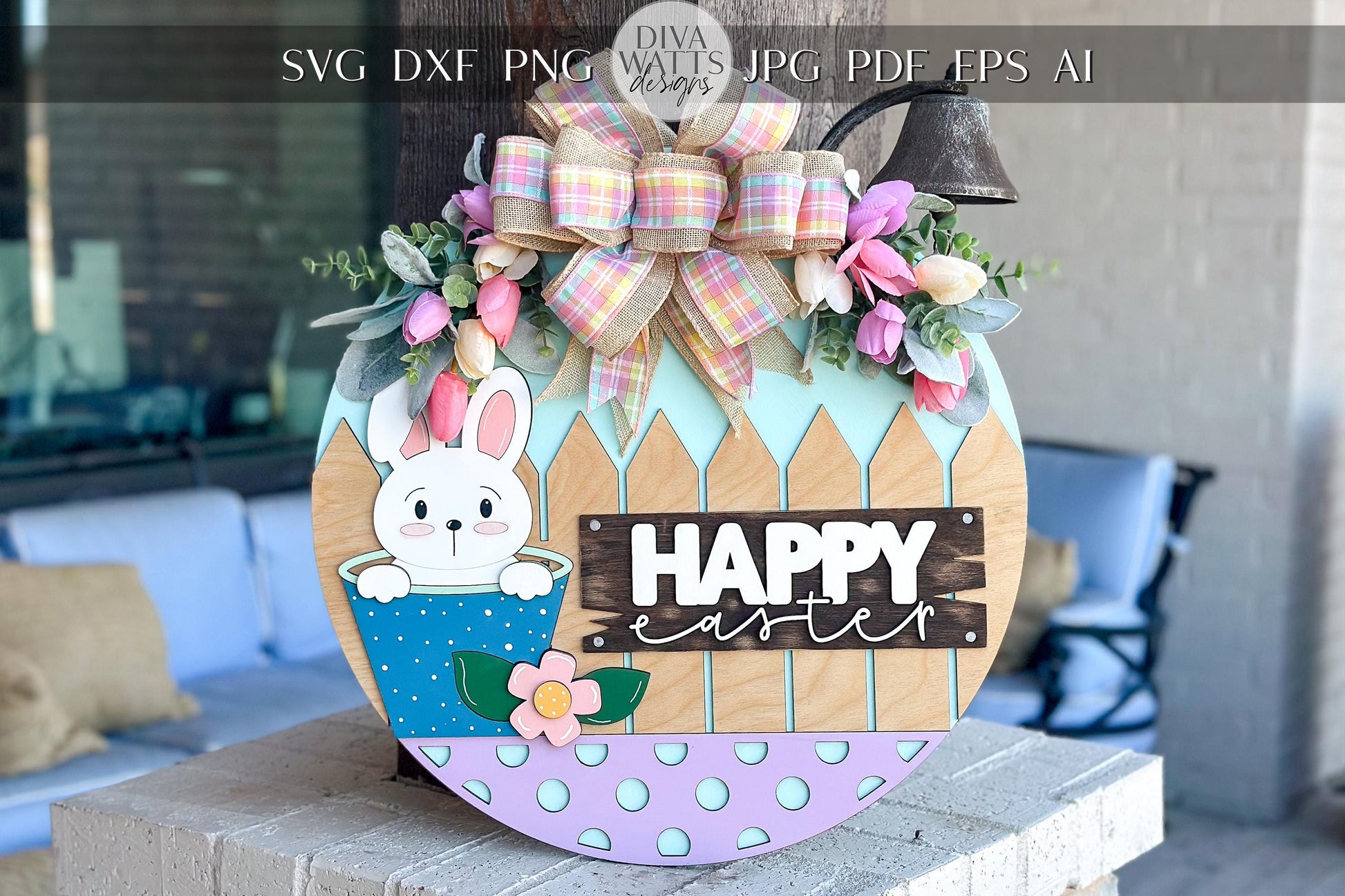 Easter Bunny Door Hanger SVG, Happy Easter Laser Cut File, Layered Round Sign, Farmhouse Spring Decor, Glowforge Xtool SVG