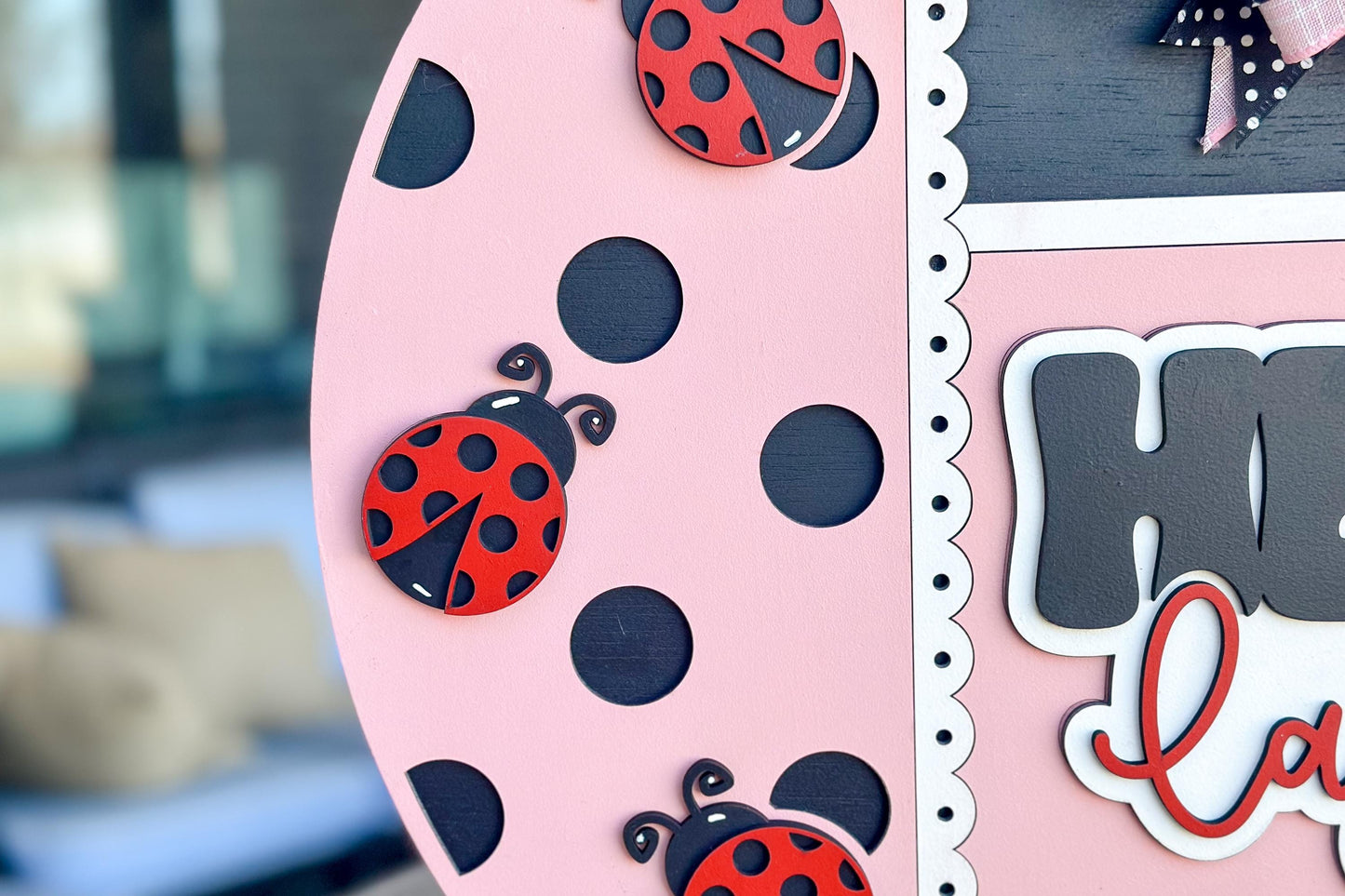 Hello Ladybug Round Door Hanger SVG, Layered Laser Cut File, Spring Porch Sign, Farmhouse Ladybug Decor, Glowforge Xtool File Ladybug Decor