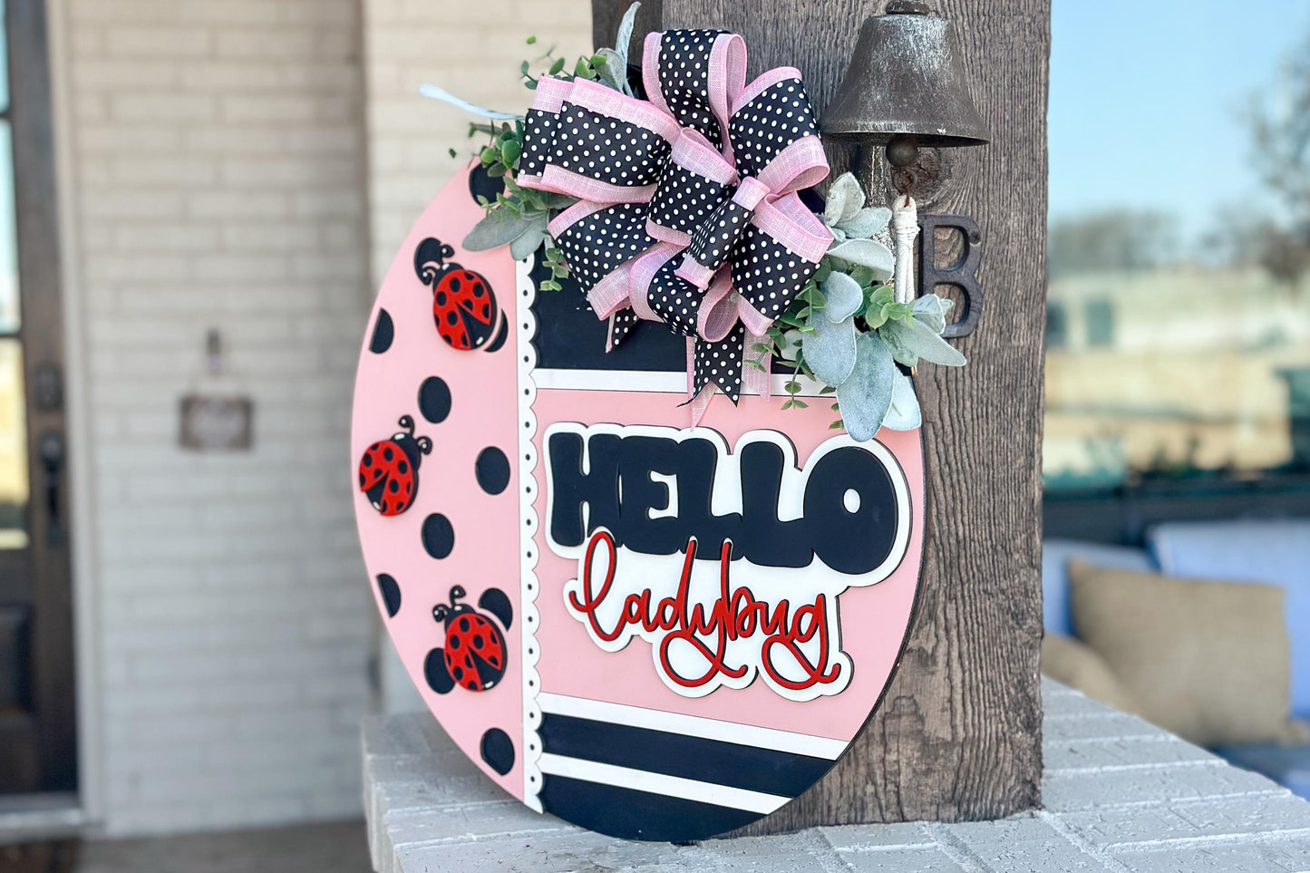 Hello Ladybug Round Door Hanger SVG, Layered Laser Cut File, Spring Porch Sign, Farmhouse Ladybug Decor, Glowforge Xtool File Ladybug Decor