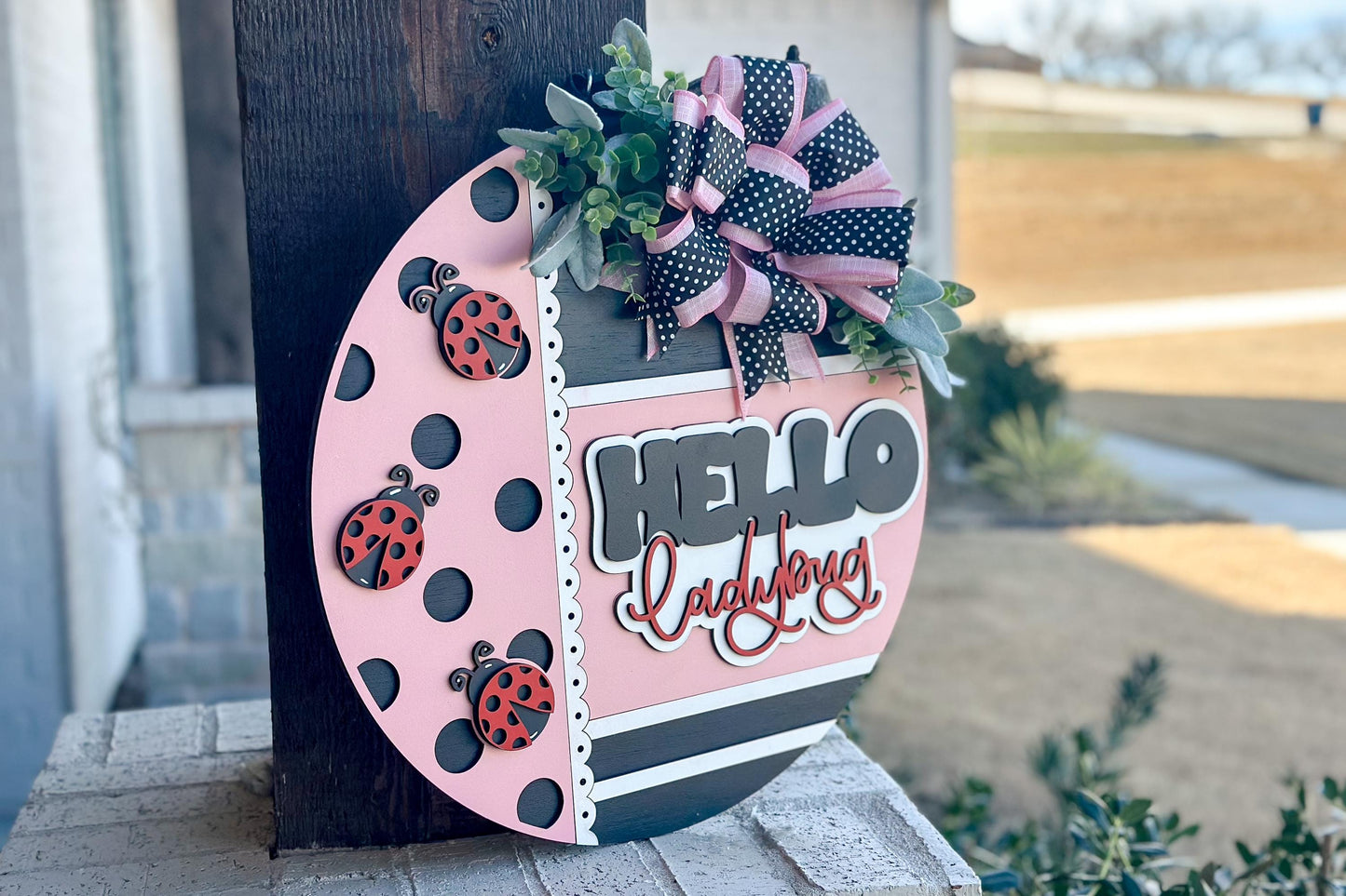 Hello Ladybug Round Door Hanger SVG, Layered Laser Cut File, Spring Porch Sign, Farmhouse Ladybug Decor, Glowforge Xtool File Ladybug Decor
