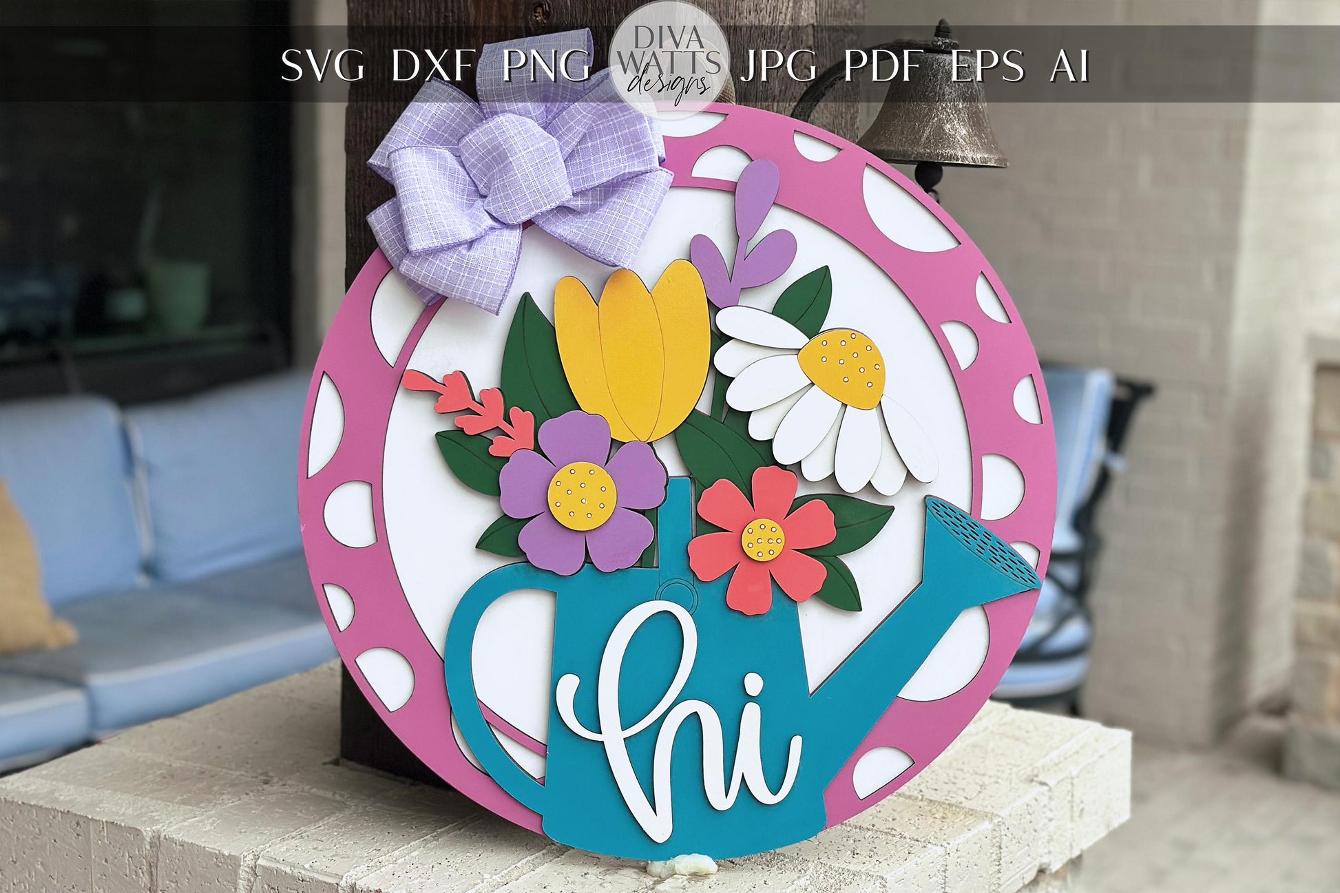 Floral Watering Can Door Hanger SVG, Layered Laser Cut File for Glowforge Xtool, Spring Welcome Sign SVG, 3D Round Door Sign