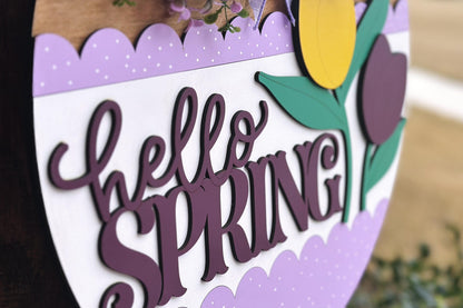 Hello Spring Tulip Door Hanger SVG, Layered Laser Cut File for Glowforge Xtool, Spring Porch Sign SVG, 3D Round Door Sign