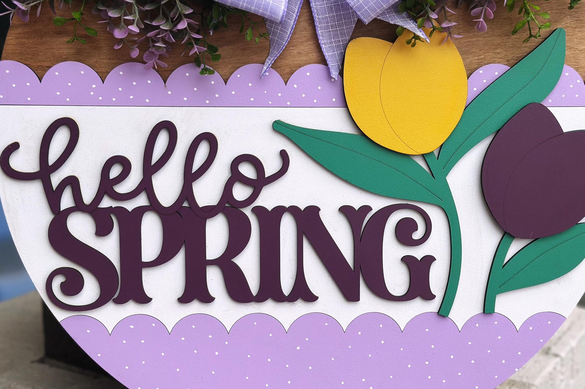 Hello Spring Tulip Door Hanger SVG, Layered Laser Cut File for Glowforge Xtool, Spring Porch Sign SVG, 3D Round Door Sign