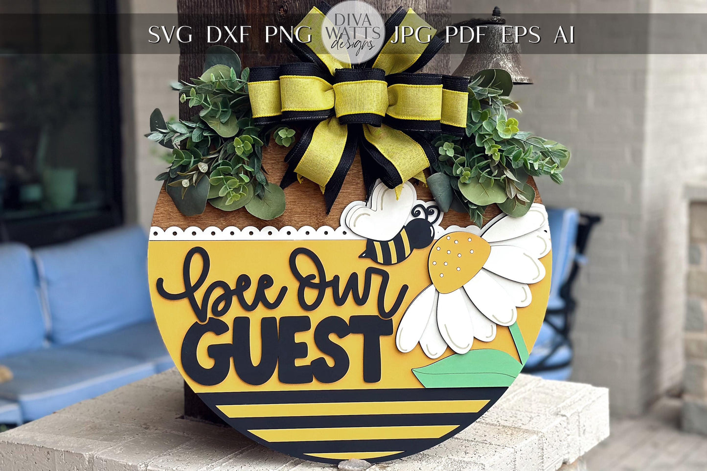 Bee Our Guest Door Hanger SVG, Layered Laser Cut File for Glowforge Xtool, Bumblebee Welcome Sign SVG, 3D Round Door Sign