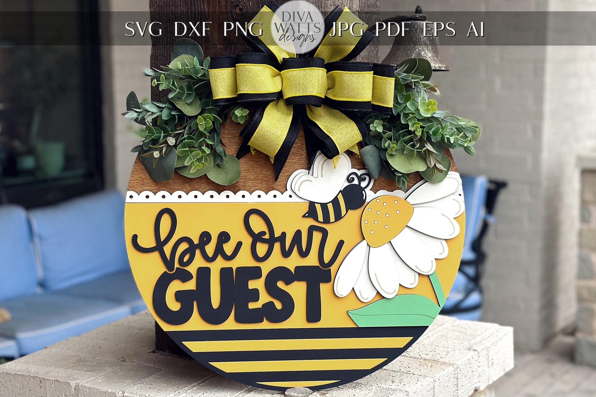 Bee Our Guest Door Hanger SVG, Layered Laser Cut File for Glowforge Xtool, Bumblebee Welcome Sign SVG, 3D Round Door Sign