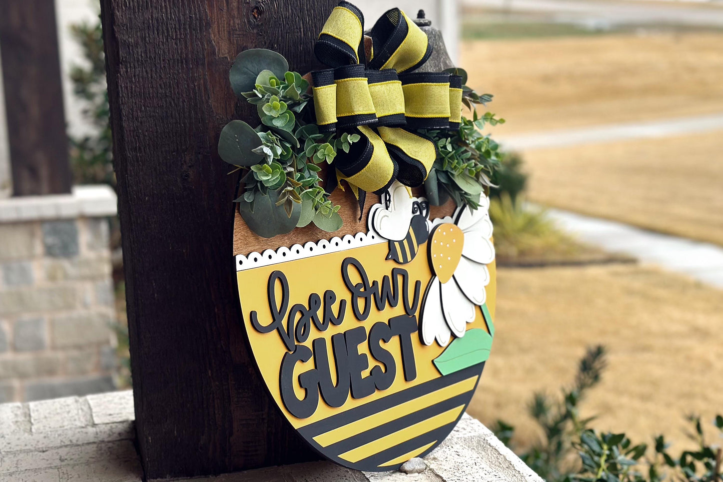Bee Our Guest Door Hanger SVG, Layered Laser Cut File for Glowforge Xtool, Bumblebee Welcome Sign SVG, 3D Round Door Sign