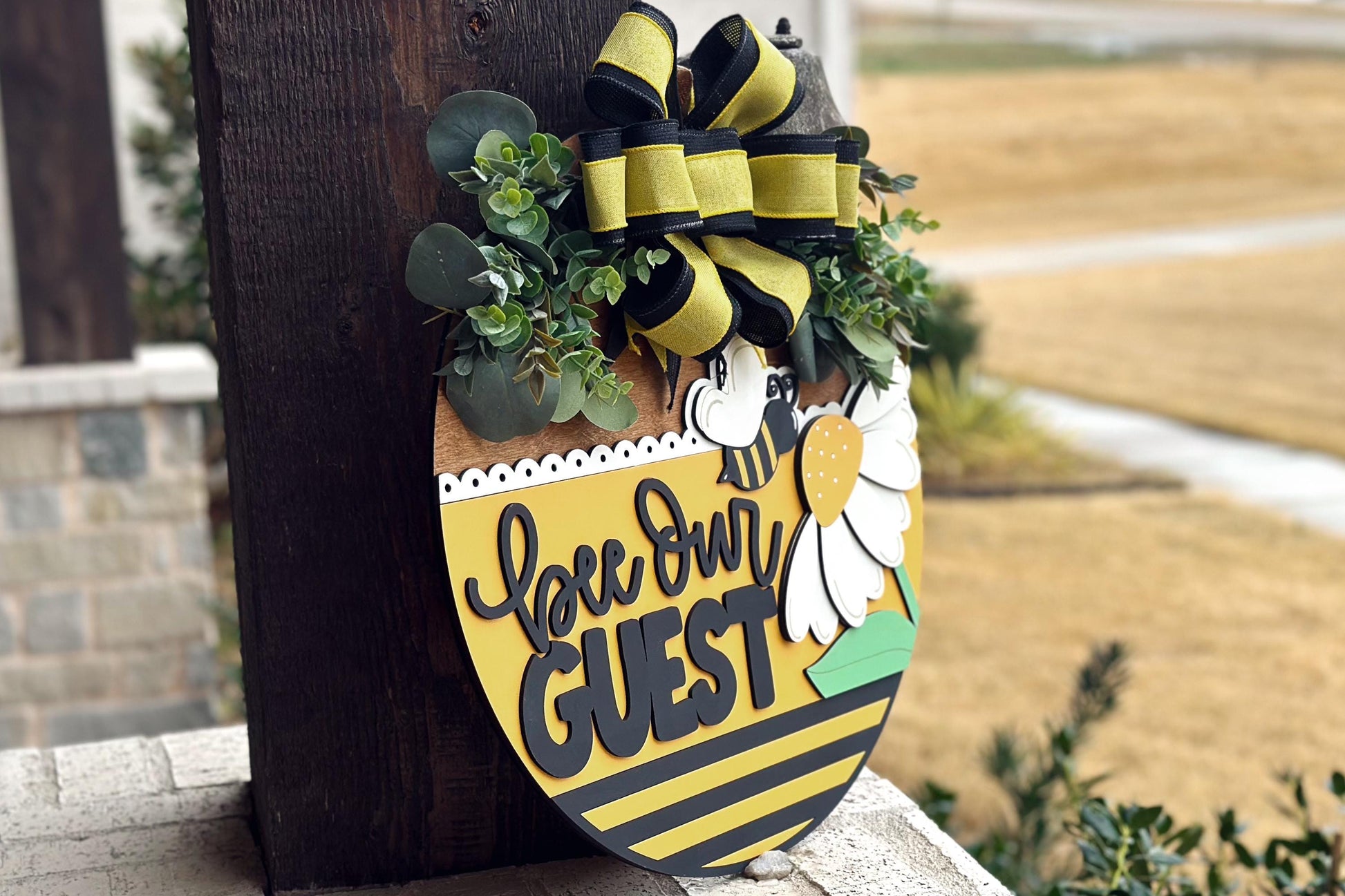 Bee Our Guest Door Hanger SVG, Layered Laser Cut File for Glowforge Xtool, Bumblebee Welcome Sign SVG, 3D Round Door Sign