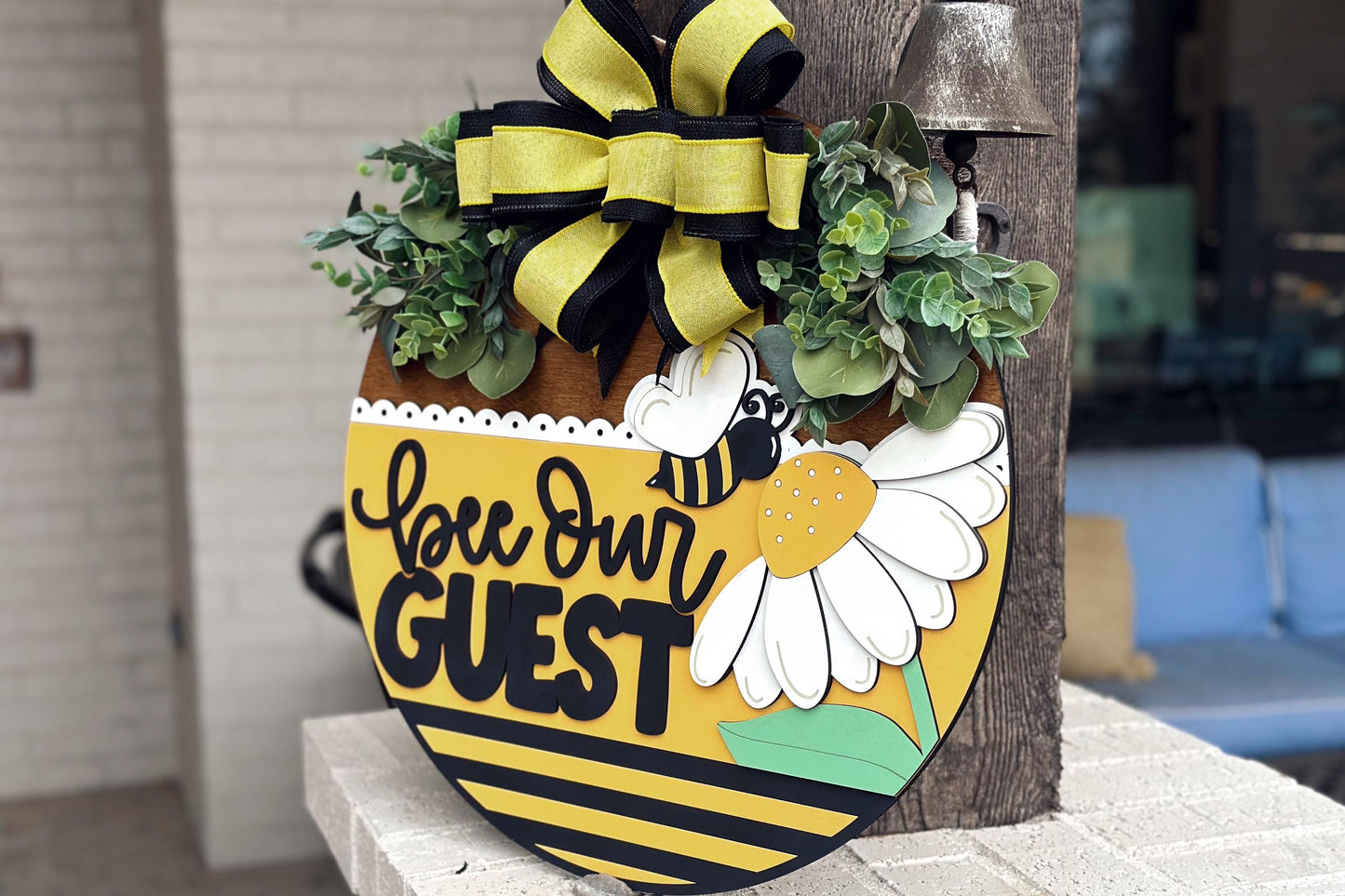 Bee Our Guest Door Hanger SVG, Layered Laser Cut File for Glowforge Xtool, Bumblebee Welcome Sign SVG, 3D Round Door Sign