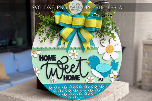 Home Tweet Home Door Hanger SVG, Layered Laser Cut File for Glowforge Xtool, Spring Bird Welcome Sign SVG, 3D Round Door Sign