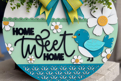 Home Tweet Home Door Hanger SVG, Layered Laser Cut File for Glowforge Xtool, Spring Bird Welcome Sign SVG, 3D Round Door Sign