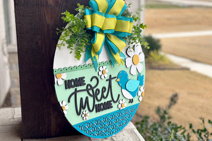 Home Tweet Home Door Hanger SVG, Layered Laser Cut File for Glowforge Xtool, Spring Bird Welcome Sign SVG, 3D Round Door Sign