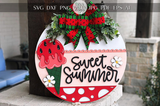 Sweet Summer Watermelon Ice Cream Door Hanger SVG, Layered Laser Cut File for Glowforge Xtool, Summer Porch Sign SVG, 3D Round Door Sign