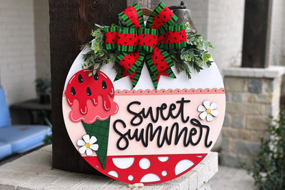 Sweet Summer Watermelon Ice Cream Door Hanger SVG, Layered Laser Cut File for Glowforge Xtool, Summer Porch Sign SVG, 3D Round Door Sign